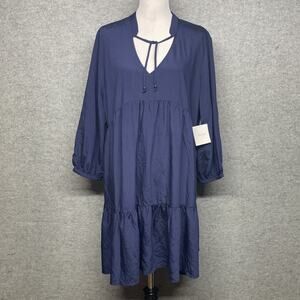 NWT Ellen Tracy Women's XL Navy Dress Modern Boho Chic Lagenlook 3/4 Sleeves